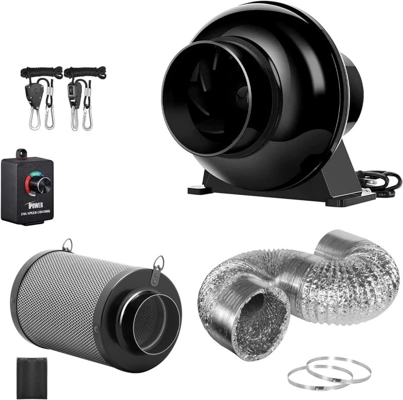 I-Power 4 Inch 195 CFM Upgrade Inline Fan, Air Carbon Filter, 8 Feet Ducting Speed Controller Rope Hanger, Exhaust Blower for Grow Tent Ventilation - Image 1